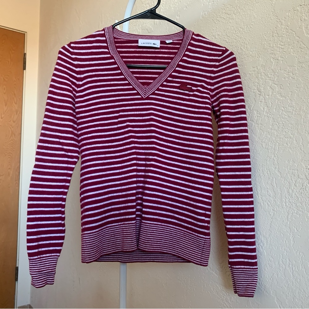 Lacoste Burgundy and White Striped V-Neck Sweater